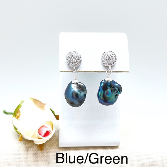 CZ Baroque Black Peacock Pearl Stud Dangles, Gold or Silver, Ships in Gift Box - Picture 3 of 10
